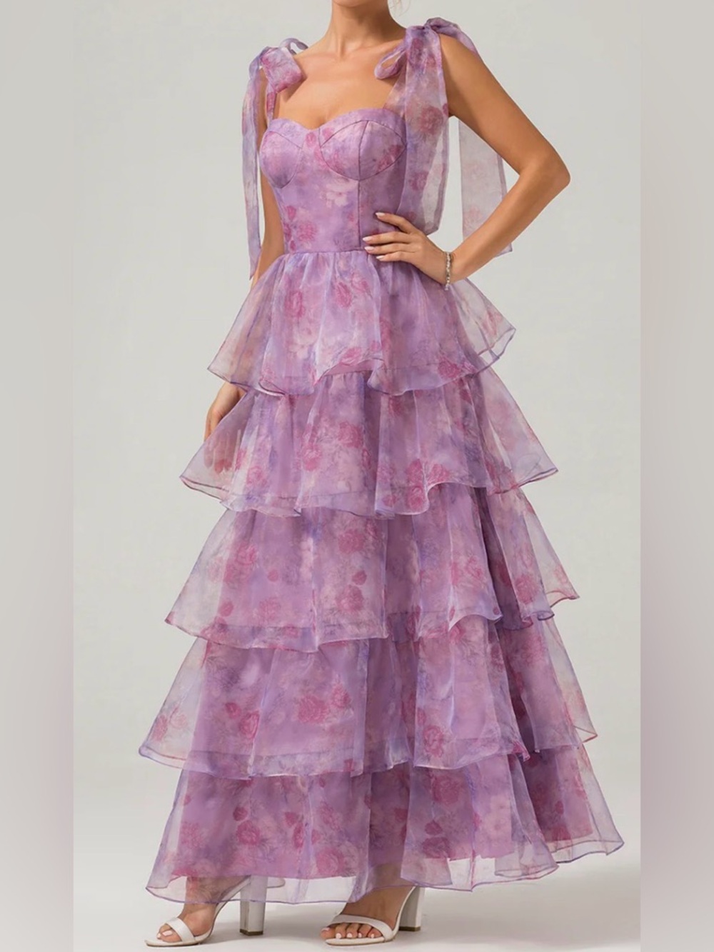 Lavender Pink Tiered Ruffle Prom Dress with Sweetheart Bodice
